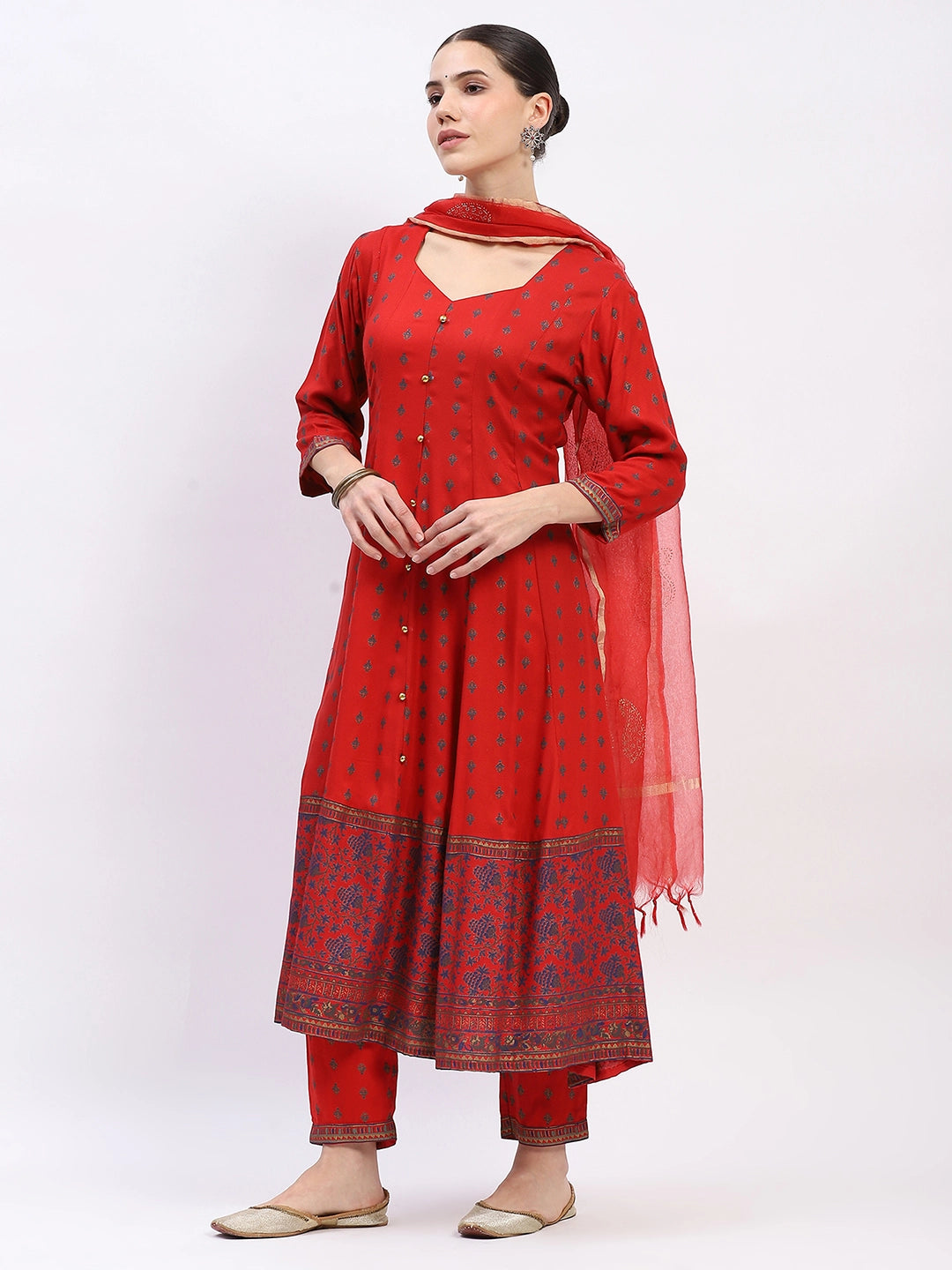 Foil-Printed Muslin Anarkali Suit Set - Global Republic