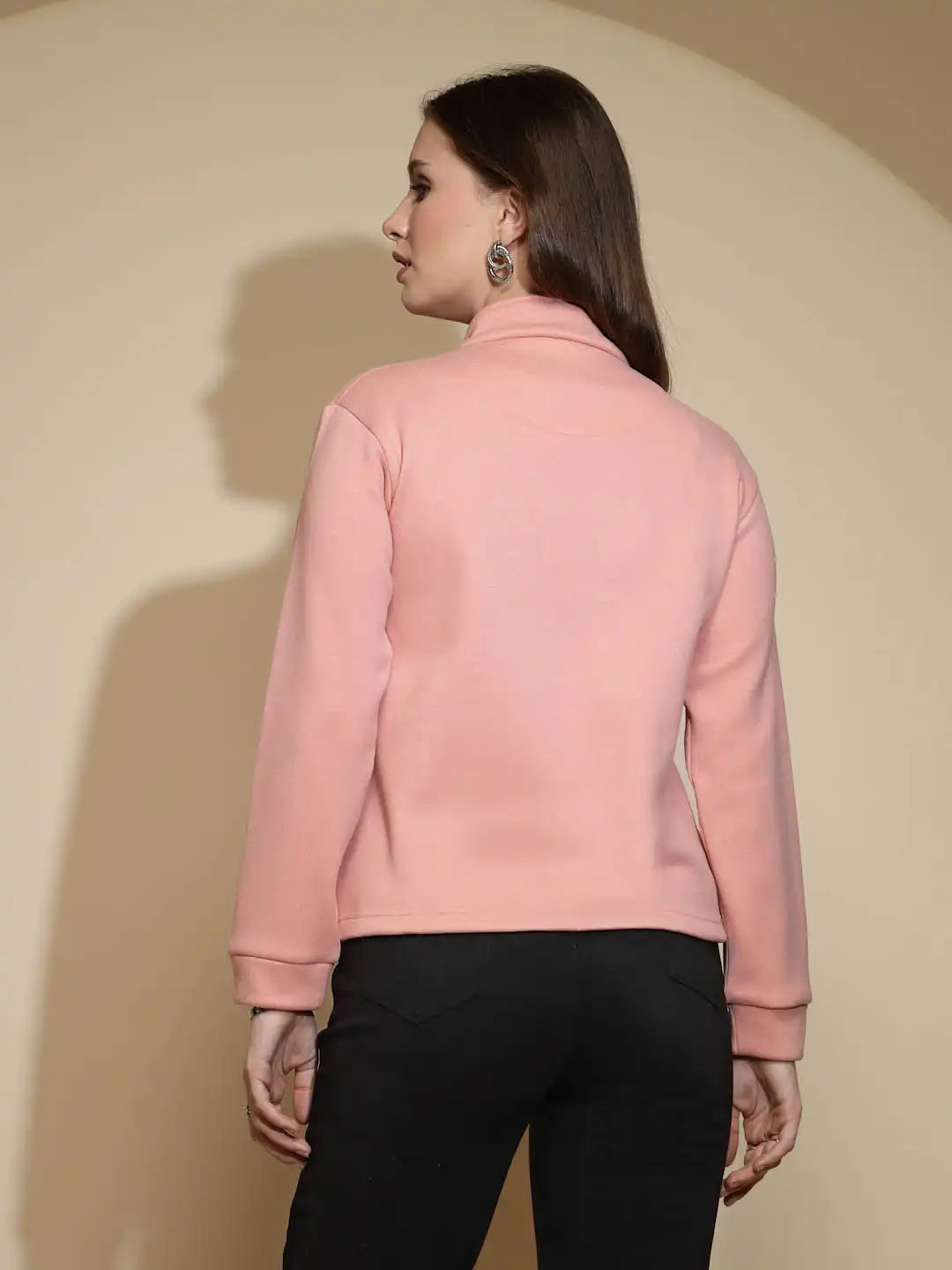 Peach Solid Full Sleeve Turtle Neck Fleece Sweatshirt - Global Republic