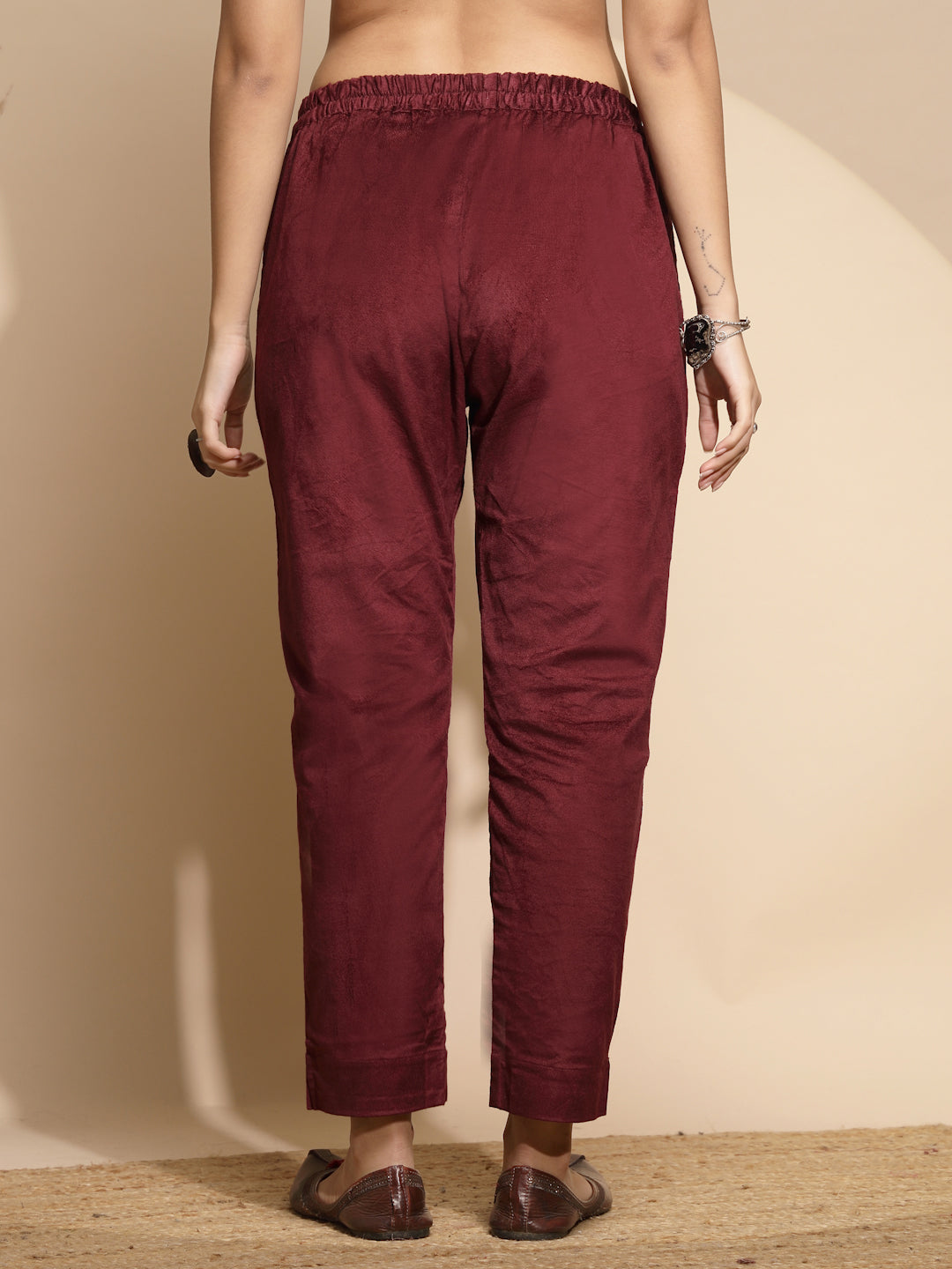 Wine Solid Cotraise Mid Rise Loose fit Pants For Women