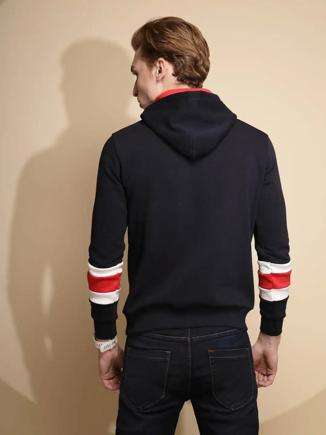 Navy Blue Solid Full Sleeve Fleece Hooded Sweatshirt - Global Republic