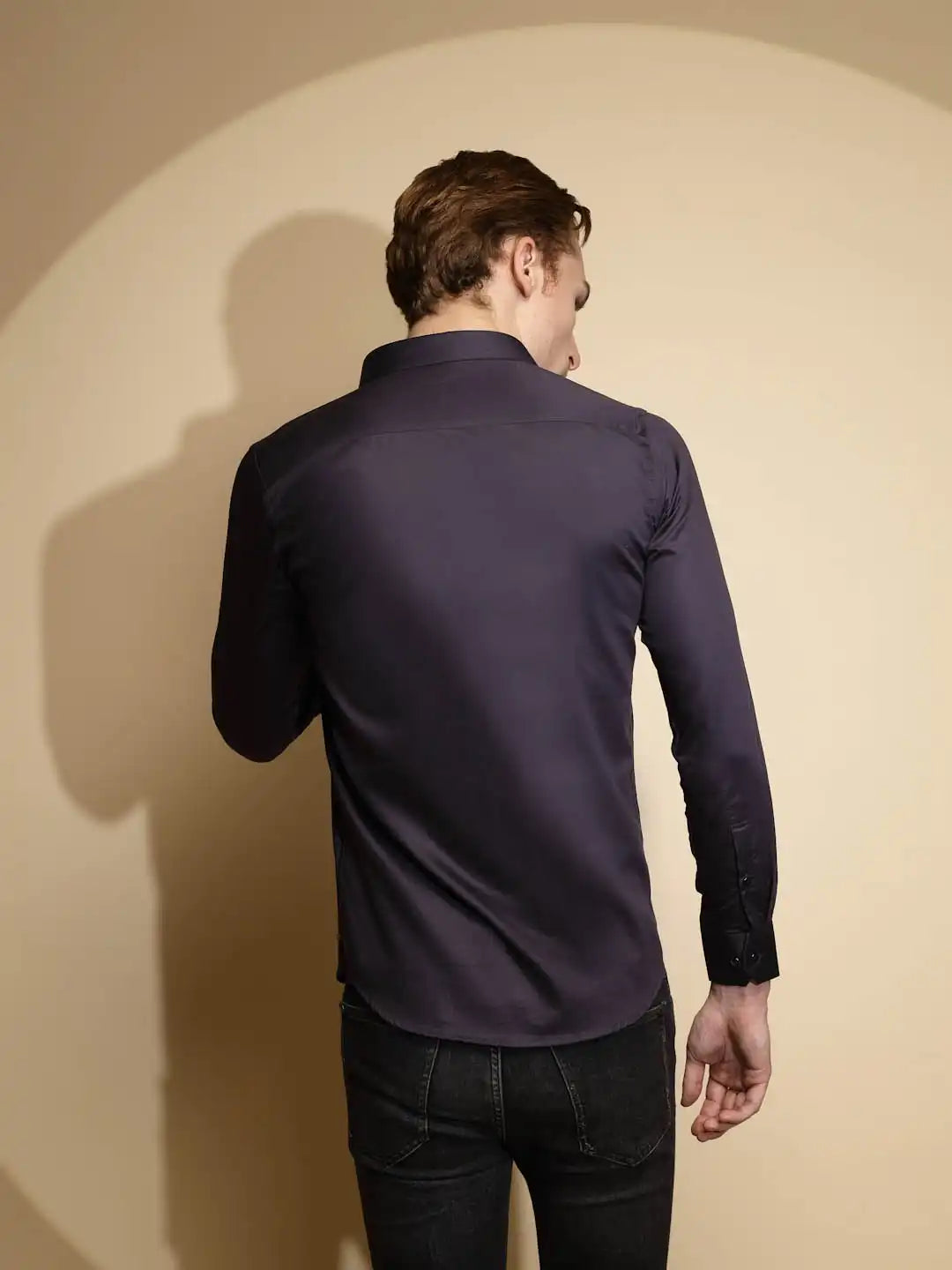 Dark Grey Solid Full Sleeve Collar Neck Cotton Blend Shirt - Global Republic