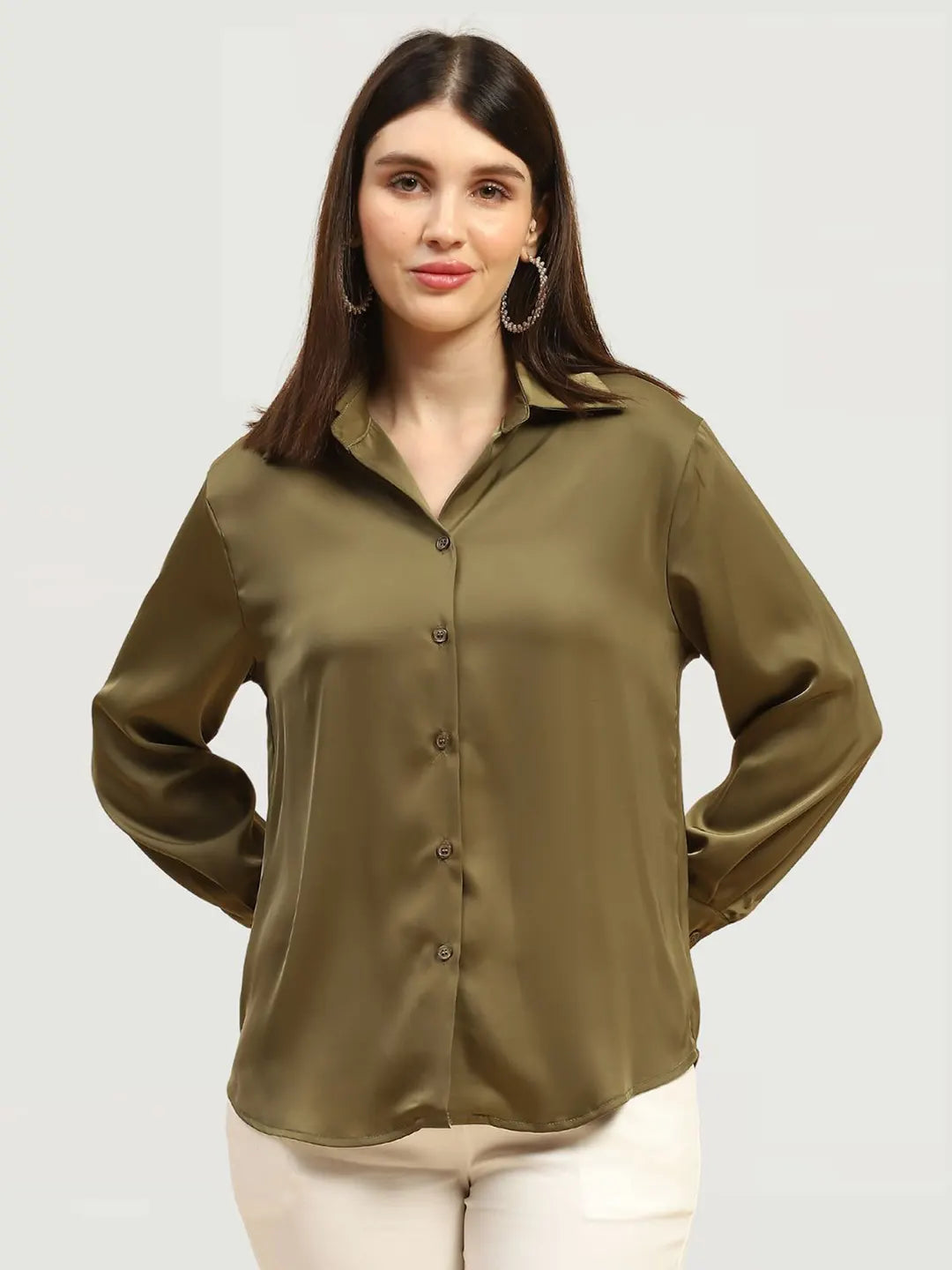 Olive Solid Satin Relaxed Fit Shirt - Global Republic
