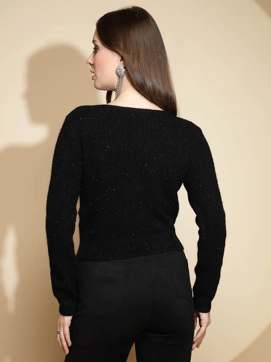 Black Solid Full Sleeve V-Neck Acrylic Pullover Sweater