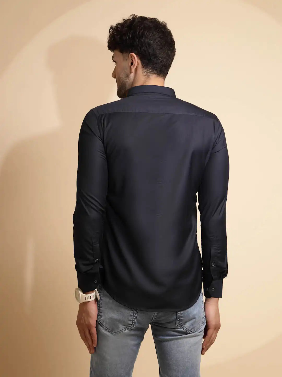 Blue Solid Full Sleeve Collar Neck Cotton Blend Shirt - Global Republic