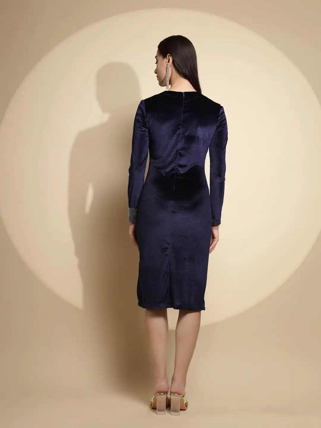 Dark Blue Embellished Full Sleeve Asymmetric Neck Velvet Bodycon Winter Dress