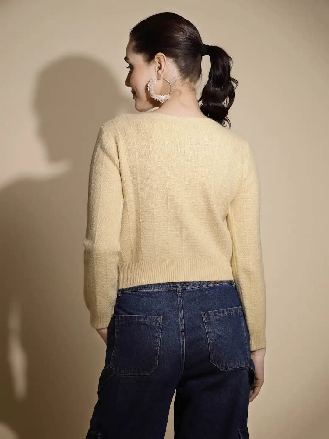 Beige Solid Knitted Pullover - Global Republic