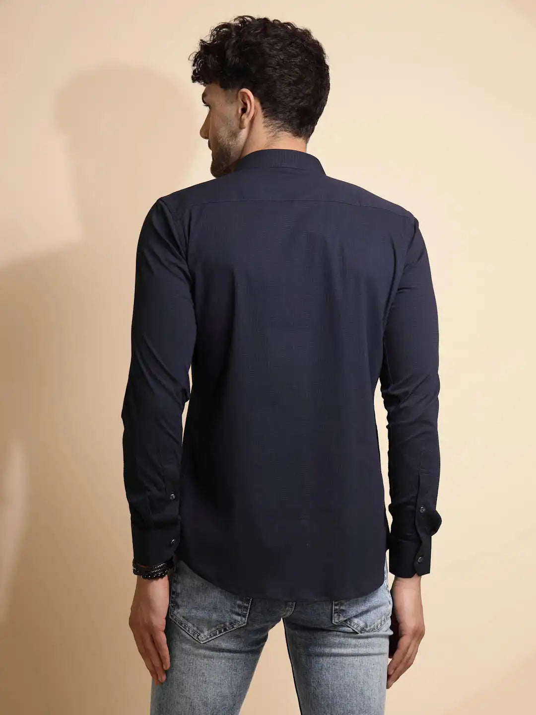 Navy Blue Solid Full Sleeve Collared Neck Shirt - Global Republic