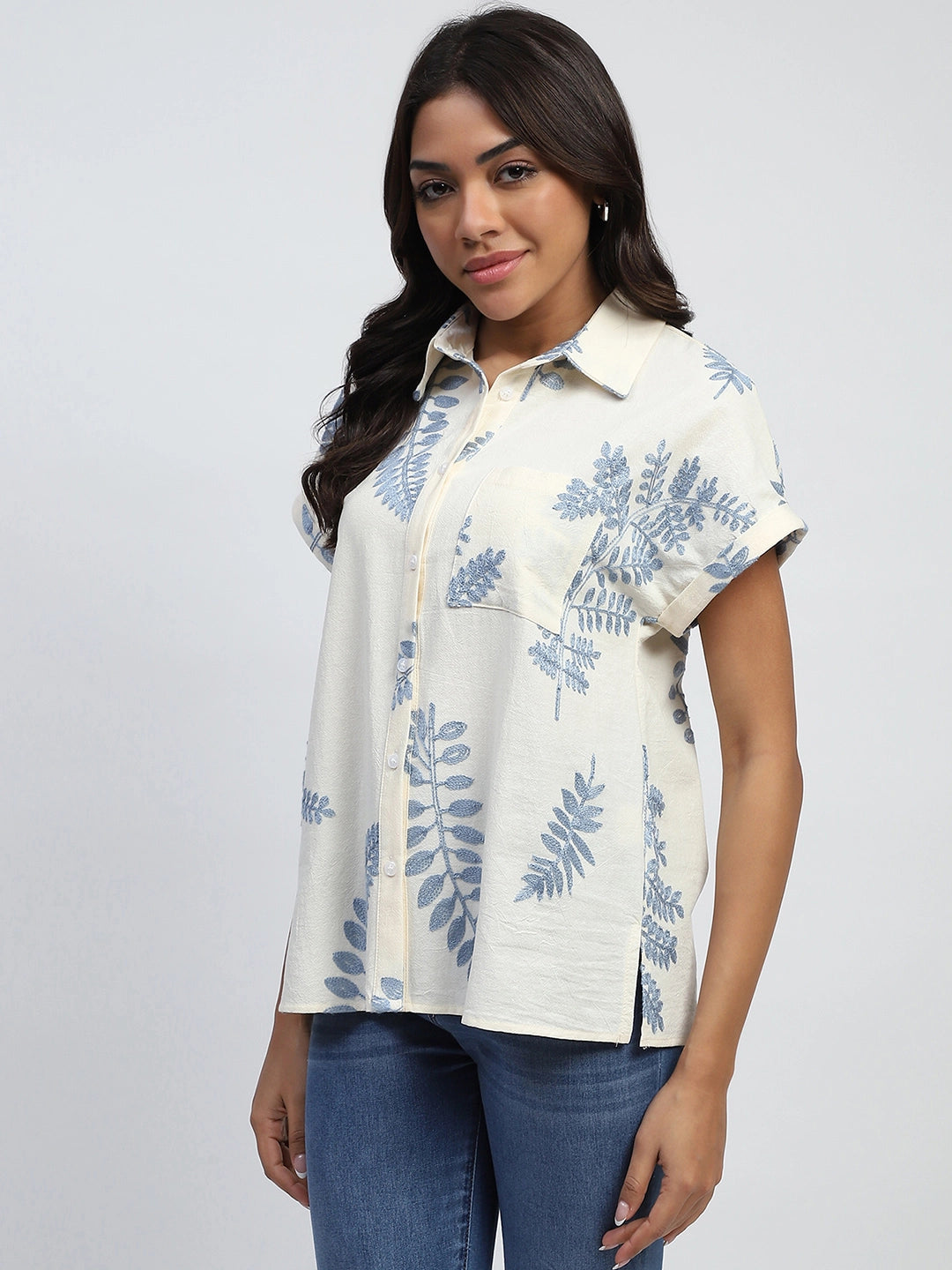Cream Thread Embroidered Cotton Shirt - Global Republic