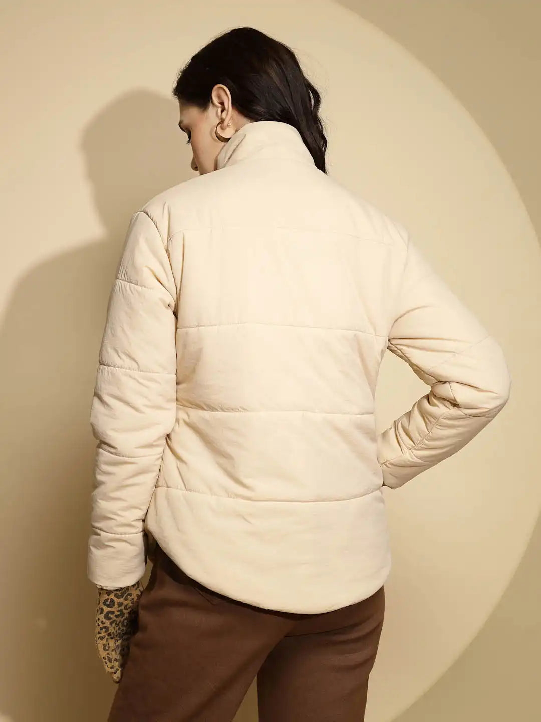 Beige Solid Puffer Jacket - Global Republic