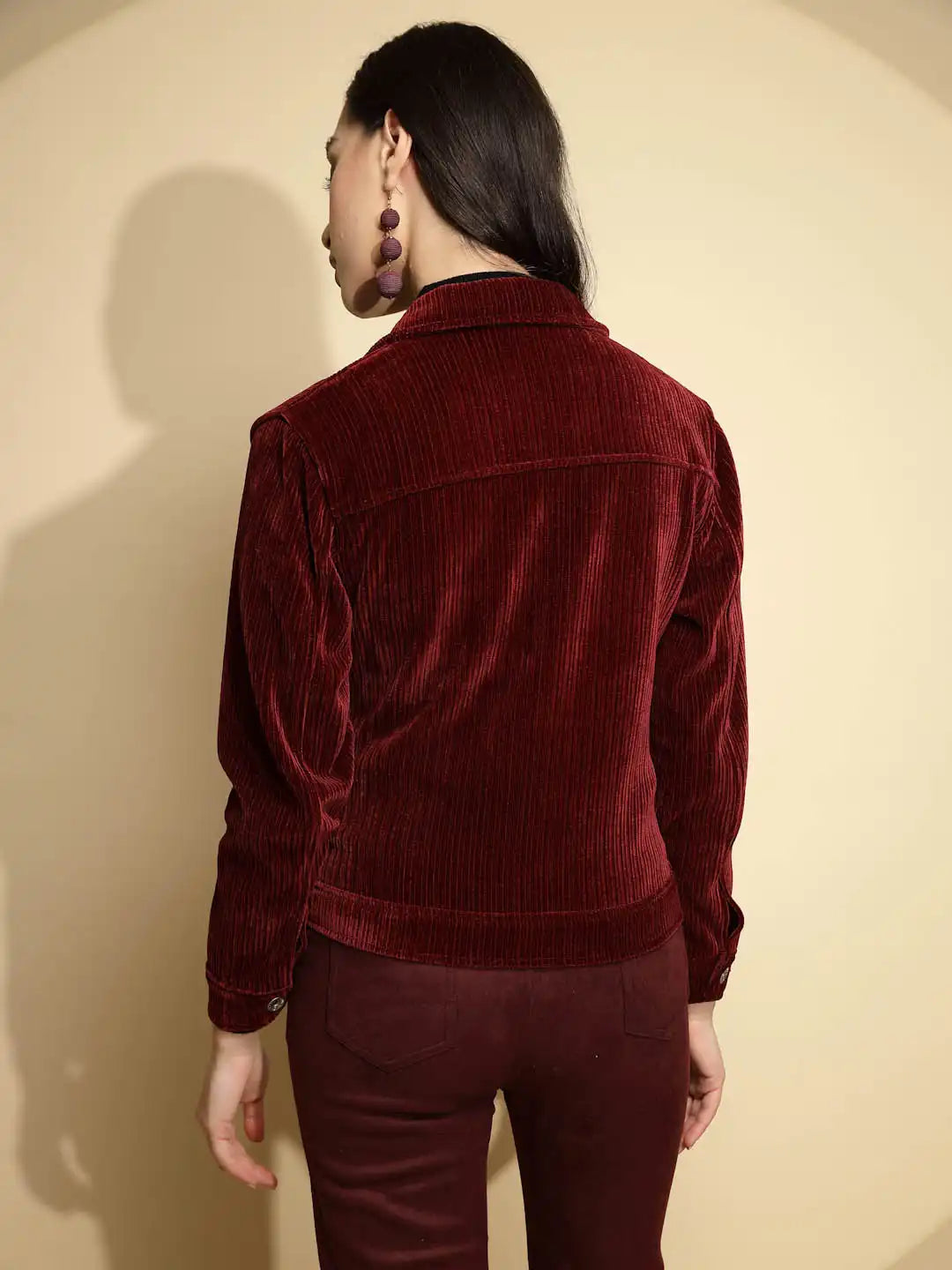 Maroon Solid Corduroy Suede Jacket - Global Republic