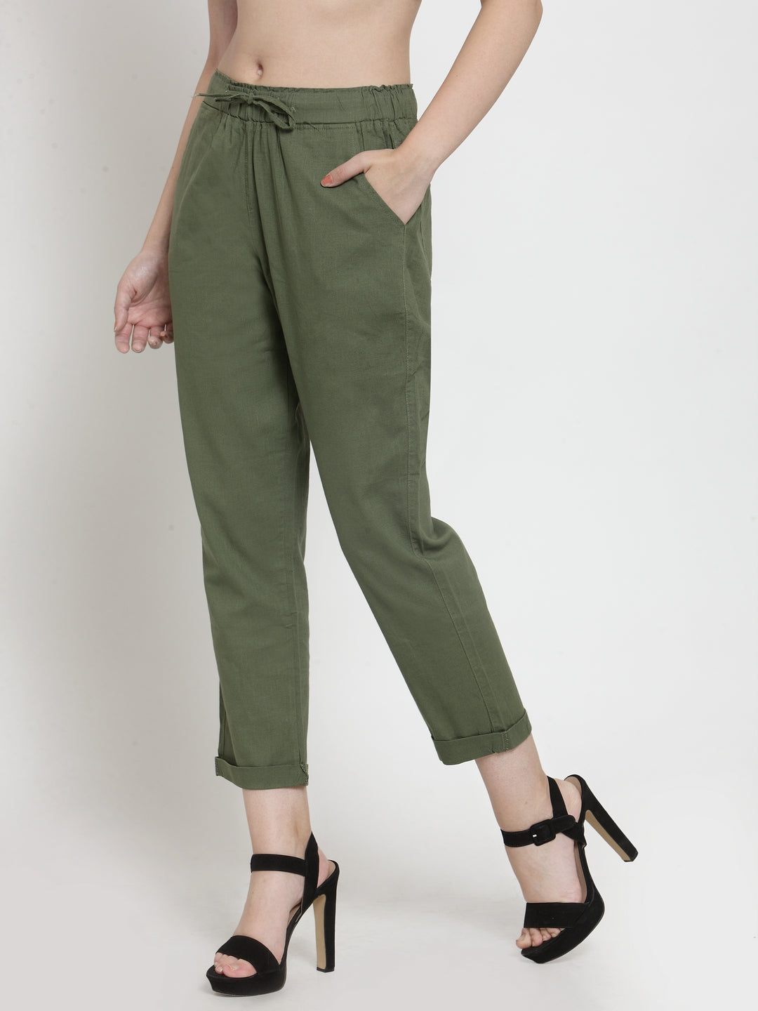 Women Olive Green Narrow-Fit Ankle Length Cotton Lower With Pockets