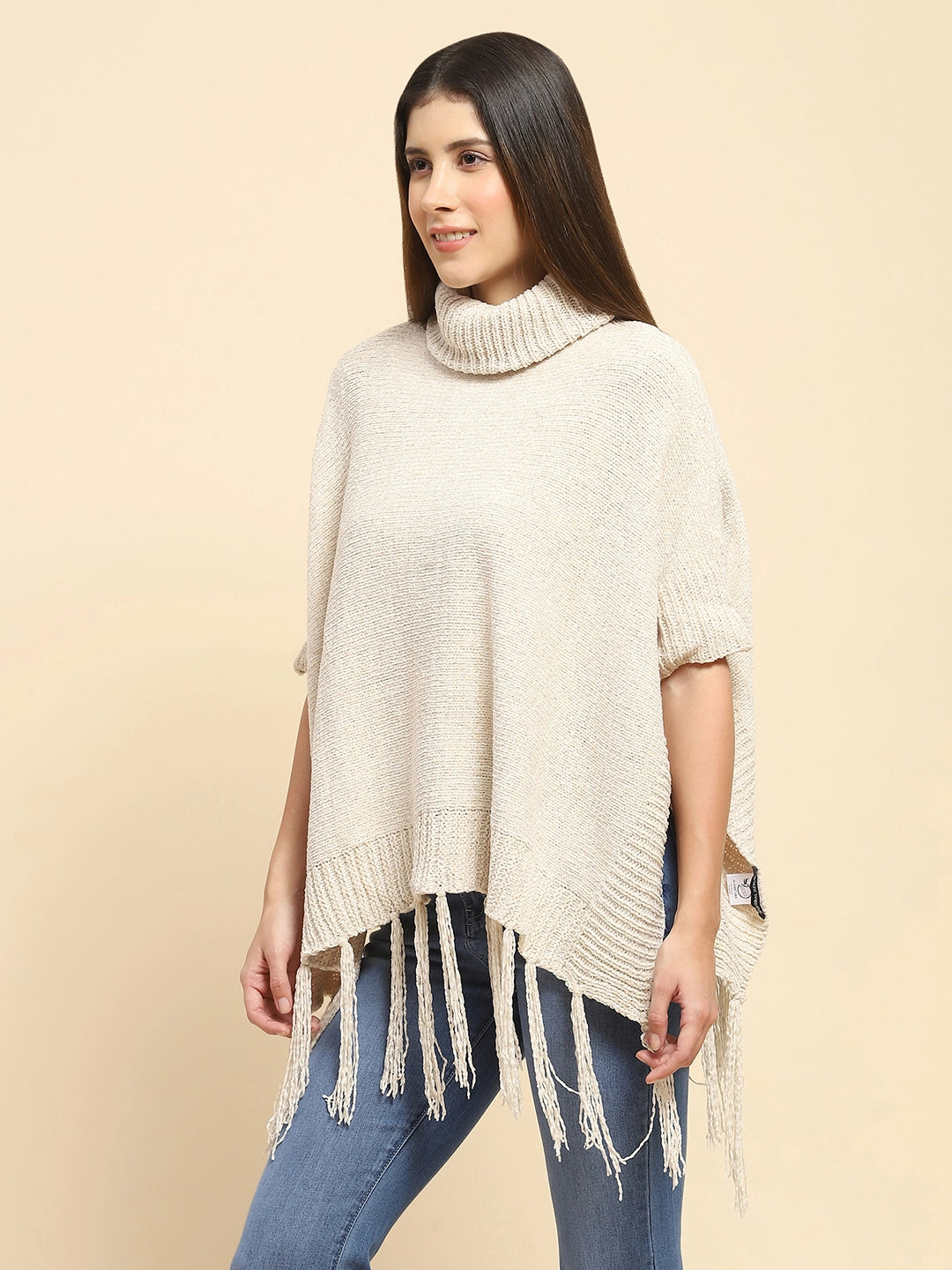 Beige Wool Blend Loose Poncho - Global Republic