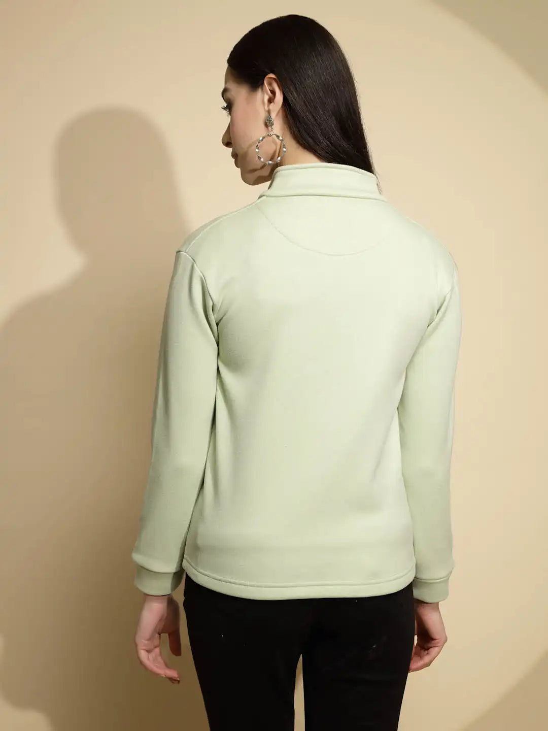 Green Solid Full Sleeve Turtle Neck Fleece Sweatshirt - Global Republic
