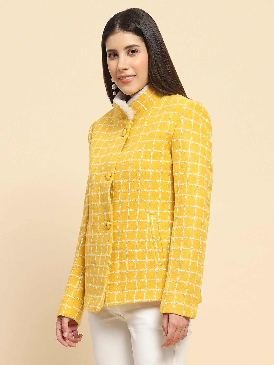 Mustard Acrylic Check Winter Coat - Global Republic