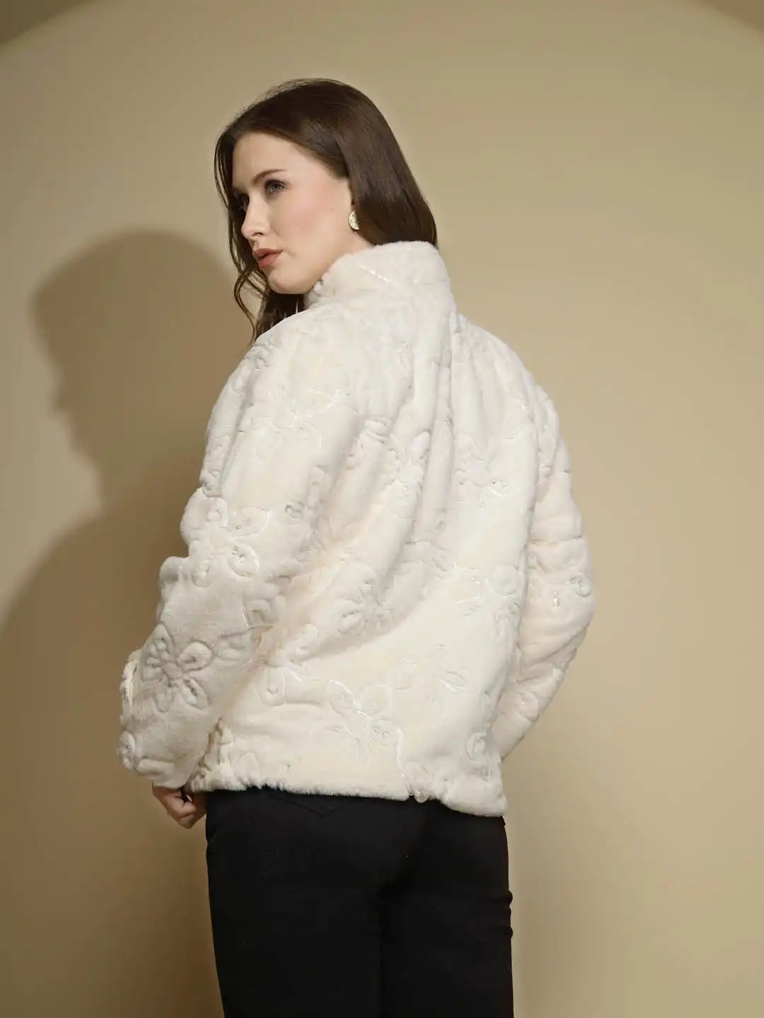 White Embroidered Full Sleeve Turtle Neck Woolen Jacket - Global Republic