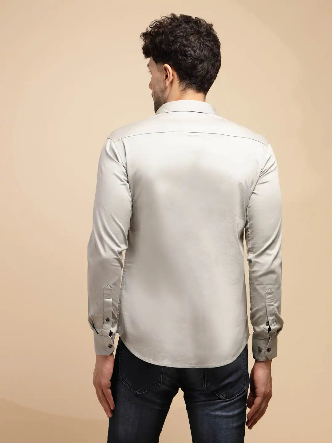 Grey Solid Full Sleeve Collared Neck Cotton Blend Shirt - Global Republic