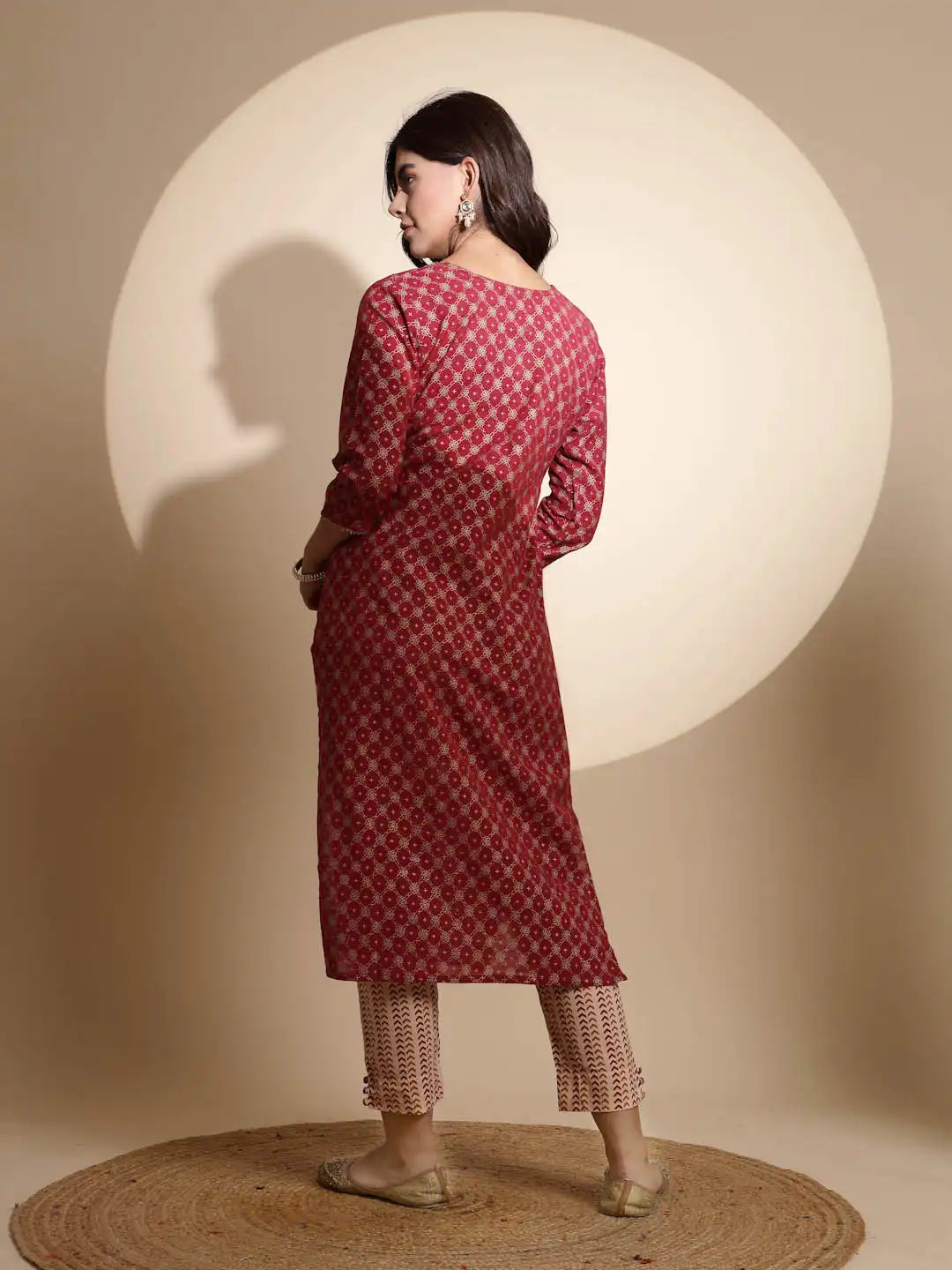 Maroon Embroidery Print Three Fourth Sleeve Cotton Kurta Set