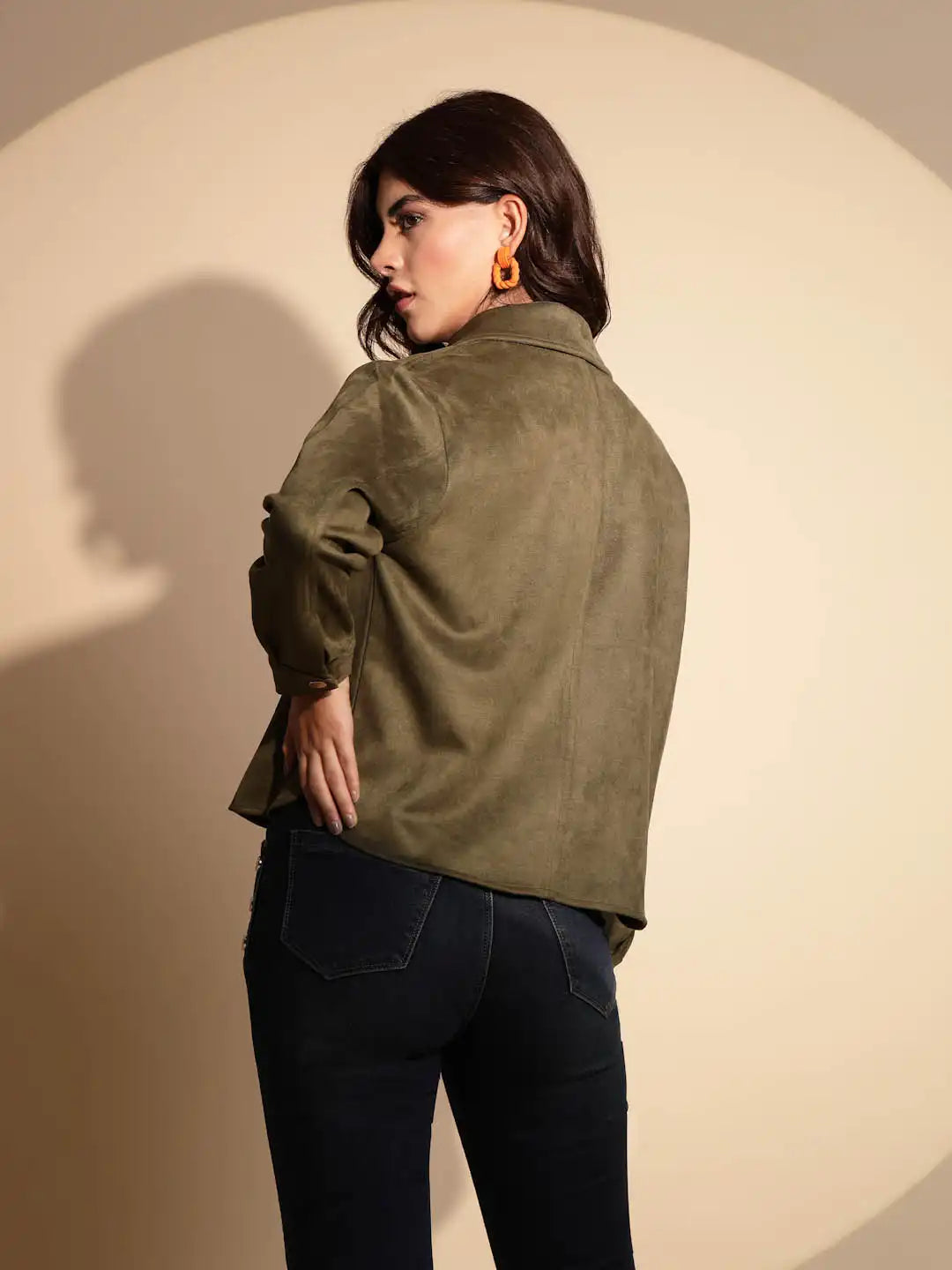 Olive Green Solid Suede Shacket - Global Republic