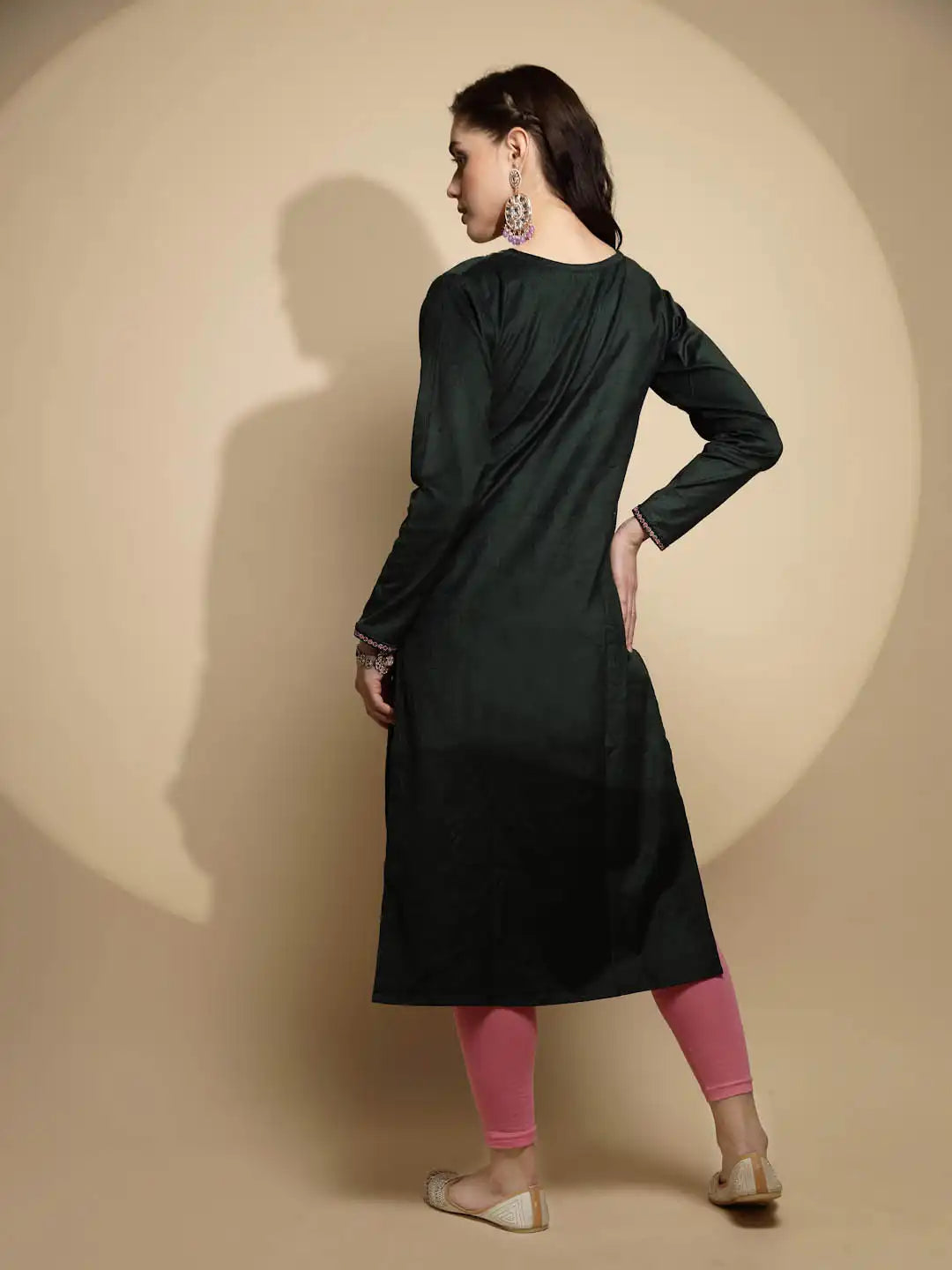 Olive Embellished Cotton Kurta - Global Republic
