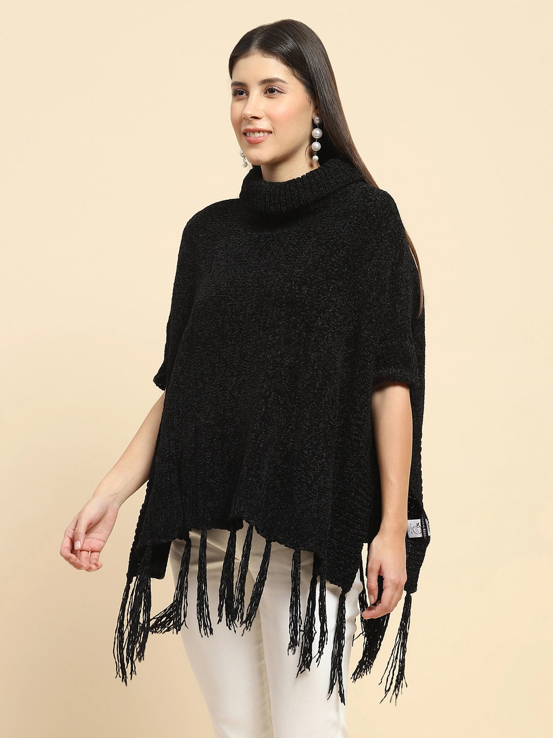 Black Wool Blend Loose Poncho - Global Republic