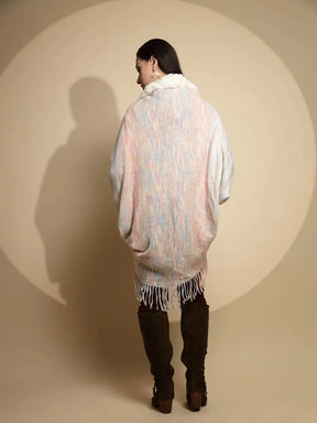 Off White Abstract Print Three Quarter Sleeve Open Neck Acrylic Cape
