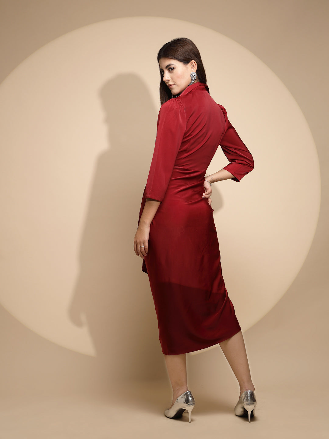 Maroon Solid Notch Collar Satin Dress - Global Republic
