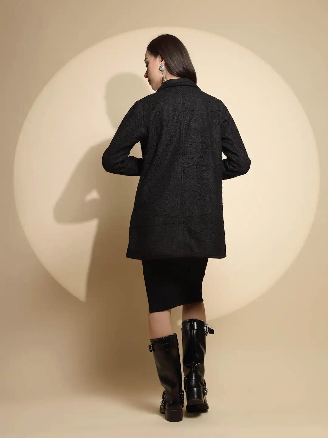 Black Solid Full Sleeve Collar Neck Knitted Winter Shrug - Global Republic