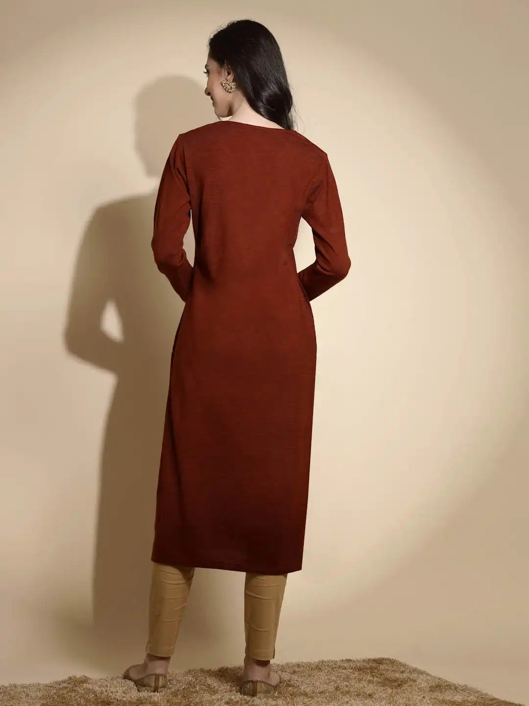 Rust Embroidered Full Sleeves Raglan Cut Crew Neck Woolen Kurta - Global Republic