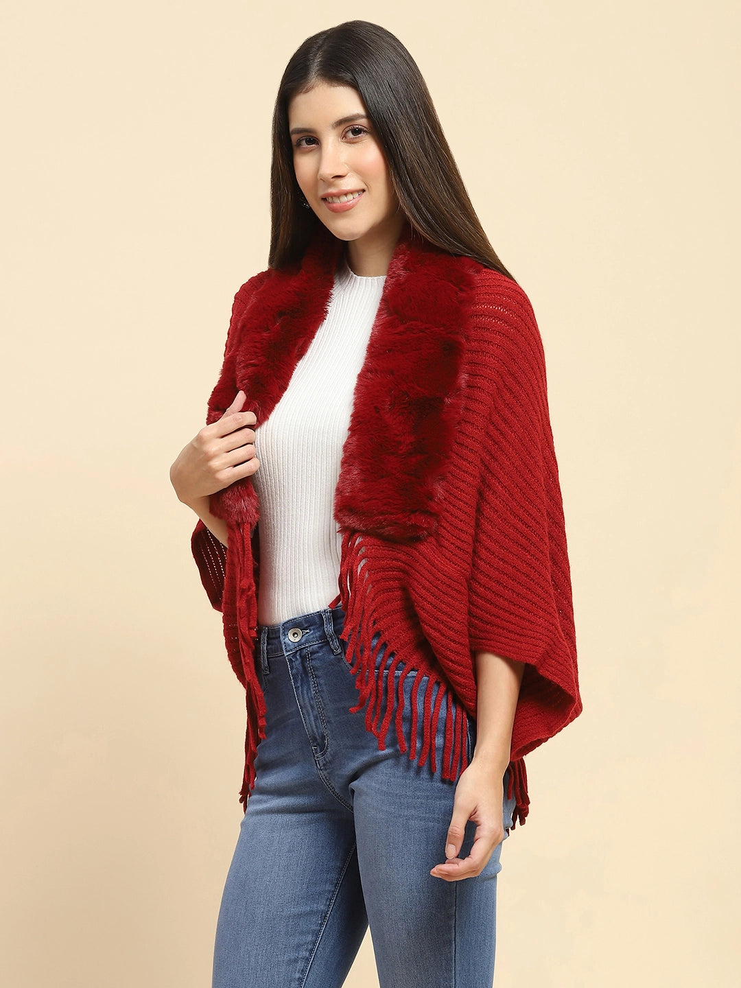 Maroon Acrylic Knitted Cape - Global Republic
