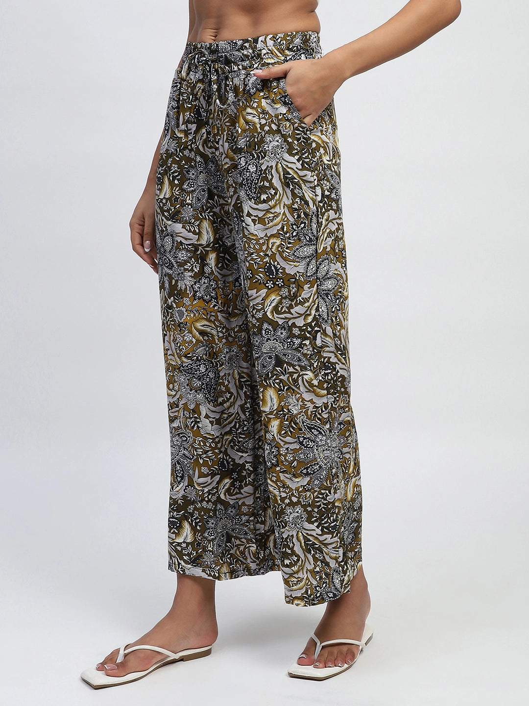 Olive Rayon Floral Nightsuit - Global Republic