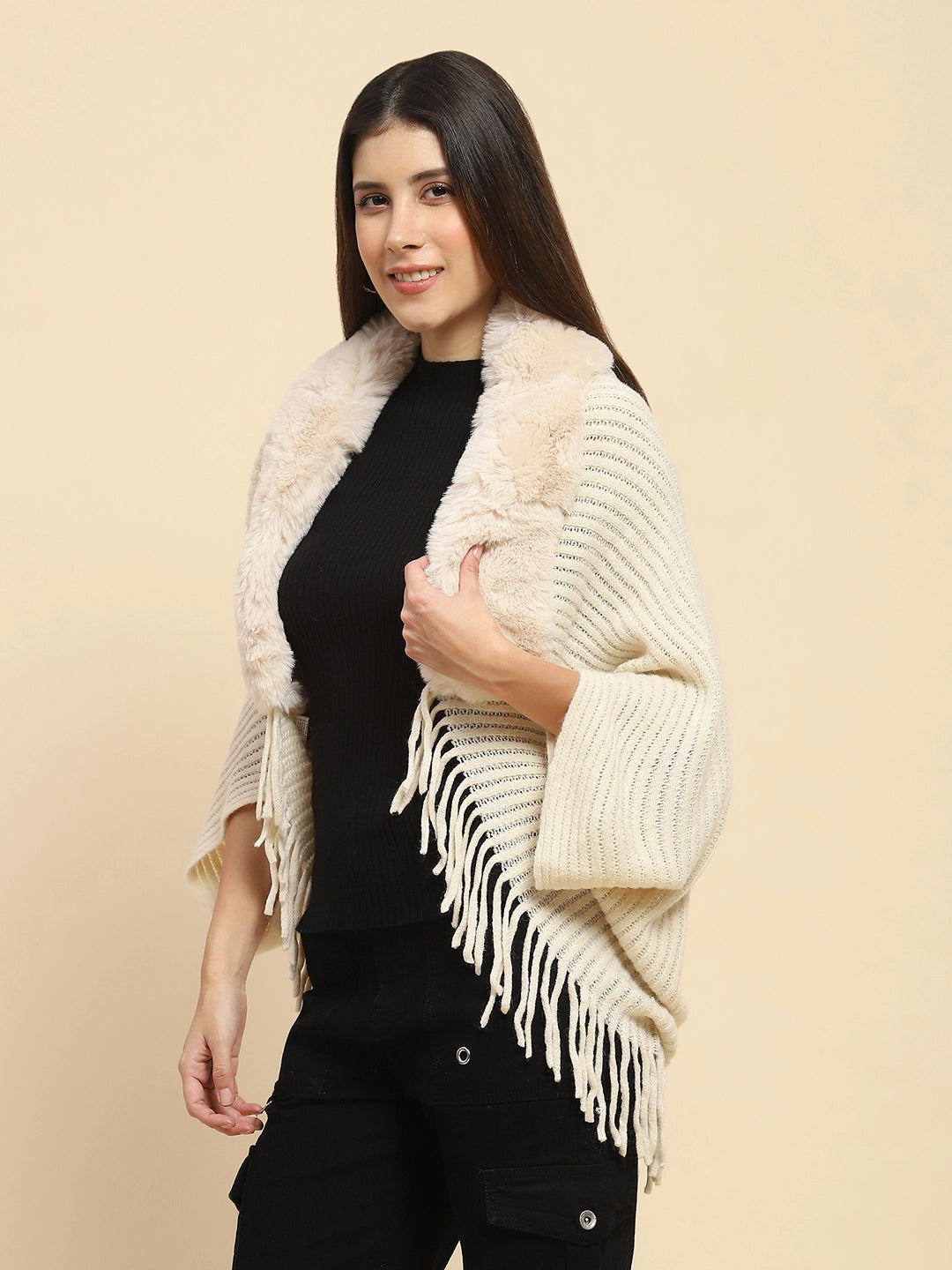Off White Acrylic Knitted Relaxed Fit Cape - Global Republic