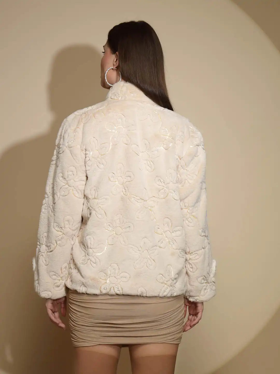Beige Embossed Woollen Jacket - Global Republic