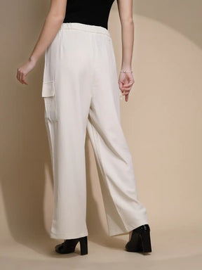 Women Off White Solid Mid Rise Trouser