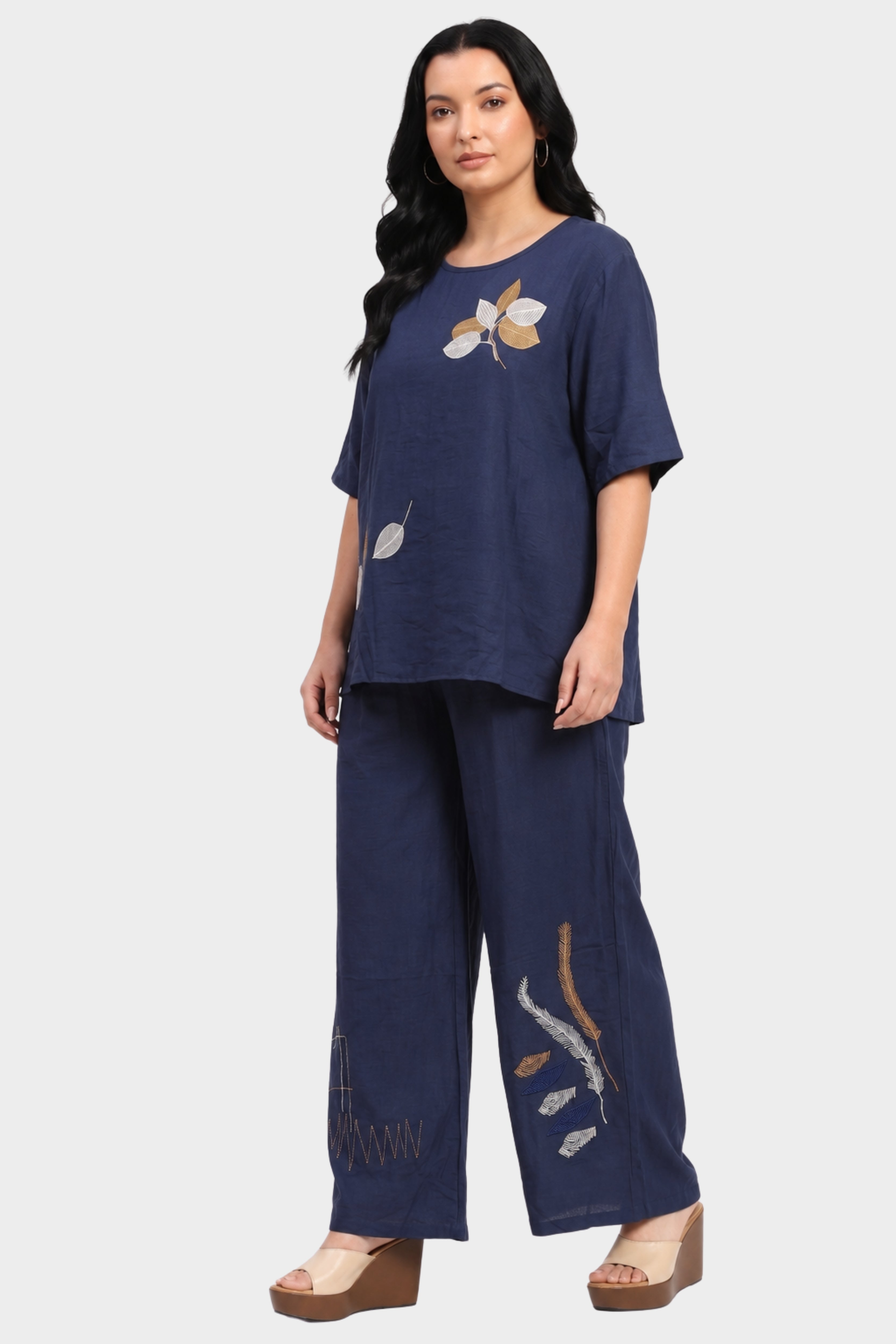 Navy Blue Leaf Embroidered Lounge Wear Set