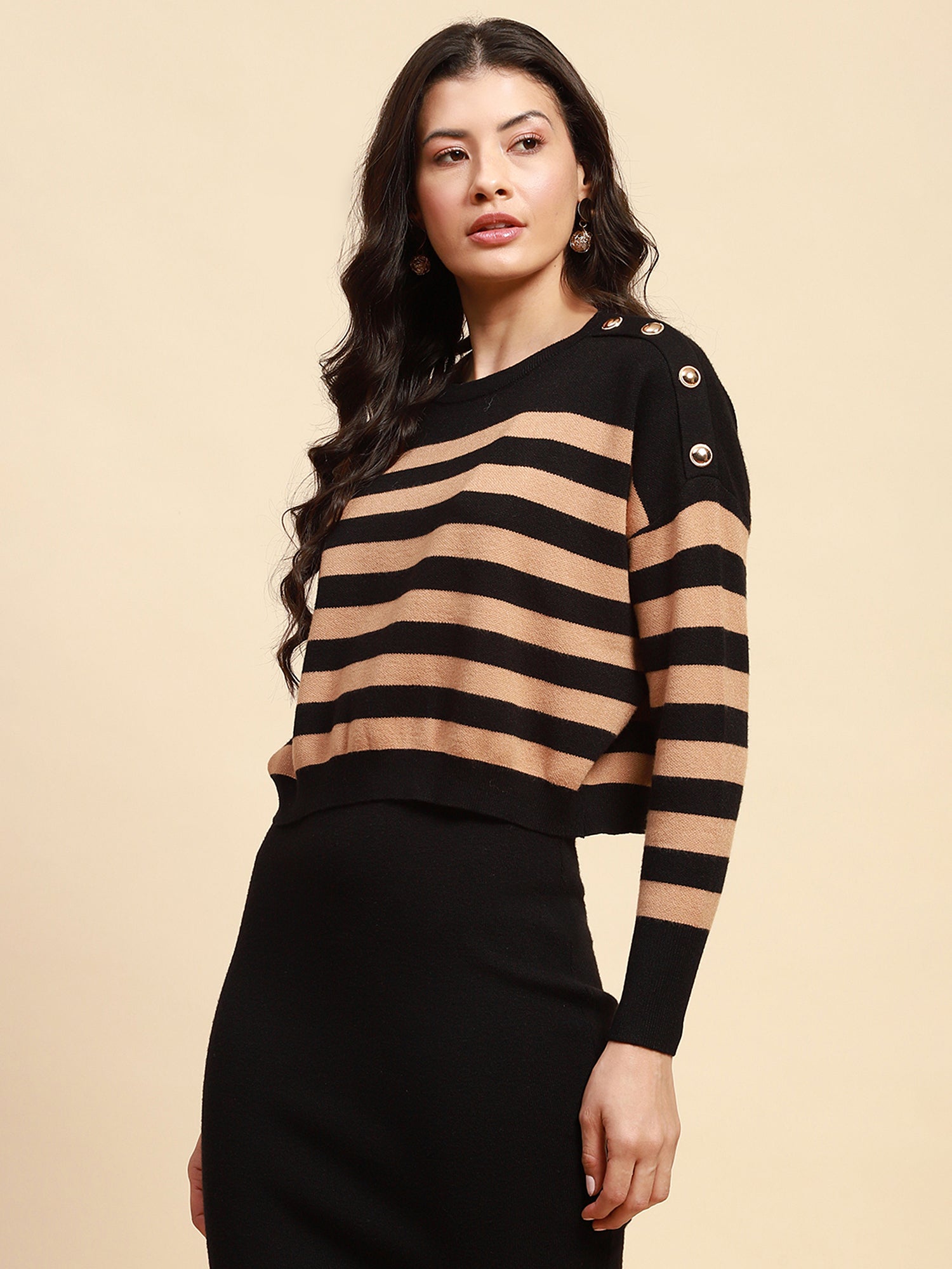 Beige Viscose Blend Boxy Fit Crop Pullover With Dress For Women (Combo Set) -Testing - Global Republic