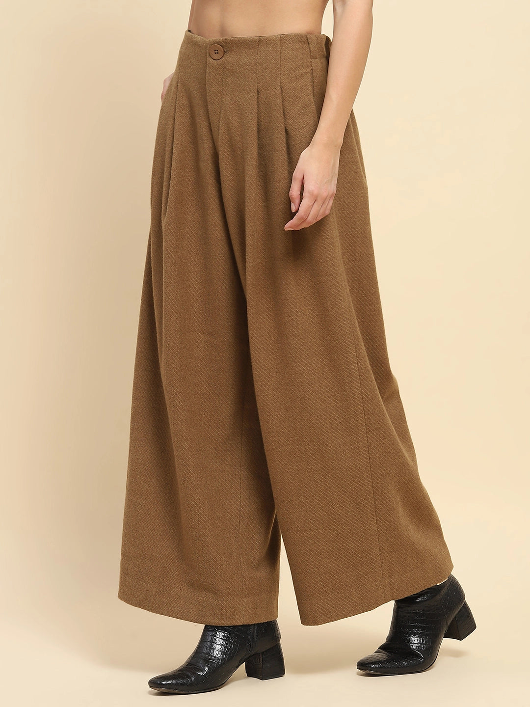Brown Viscose Wide Leg Winter Trouser - Global Republic