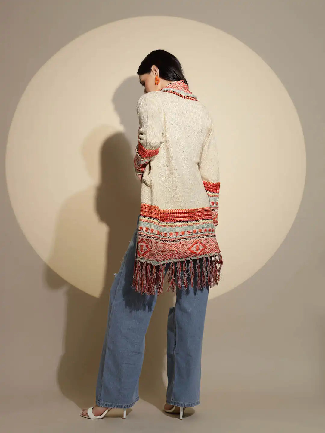 Beige Geometric Print Full Sleeve Collared Neck Knitted Shrug - Global Republic