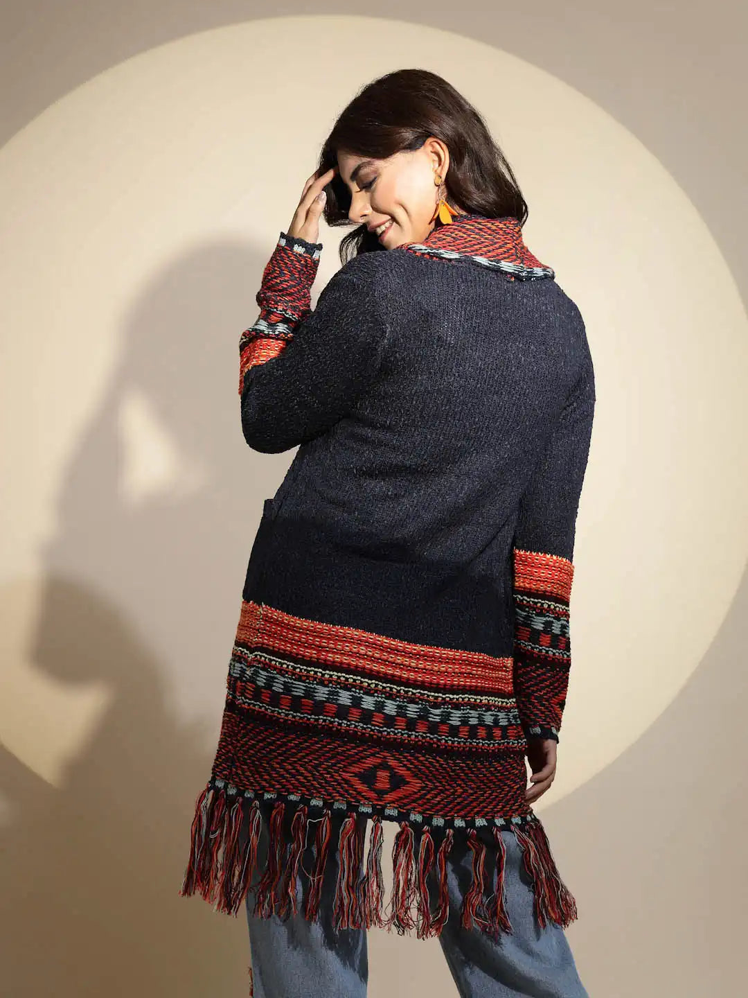 Blue Geometric Print Full Sleeve Collared Neck Knitted Shrug - Global Republic
