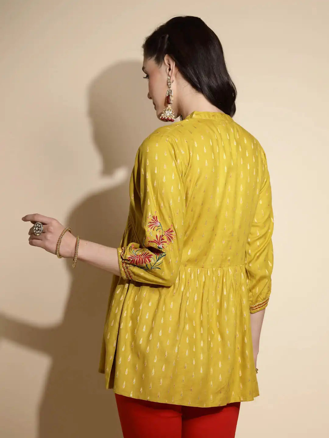 Mustard Embroidered Three Quarter Sleeves Mandarin Collar Tunic - Global Republic