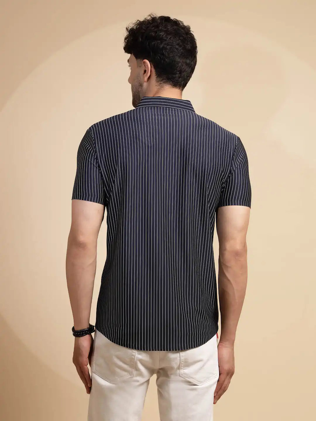Blue Striped Half Sleeve Collared Neck Cotton Shirt - Global Republic