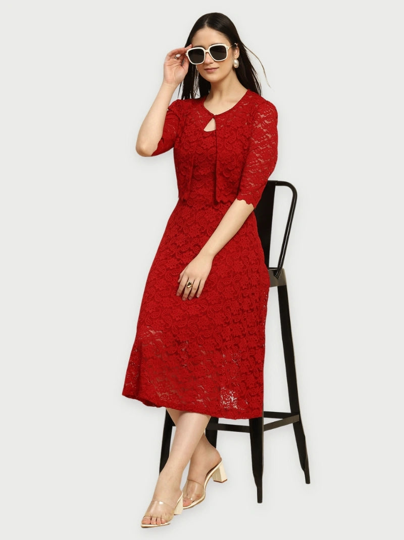 Maroon Floral Lace Fit & Flare Dress - Global Republic