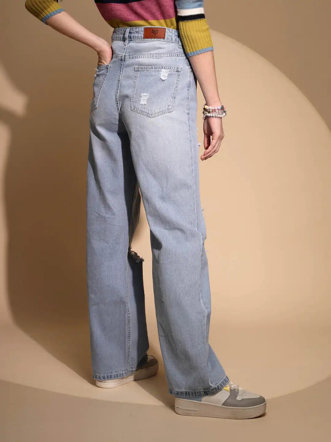 Blue Denim Mid Rise Distressed Jeans - Global Republic