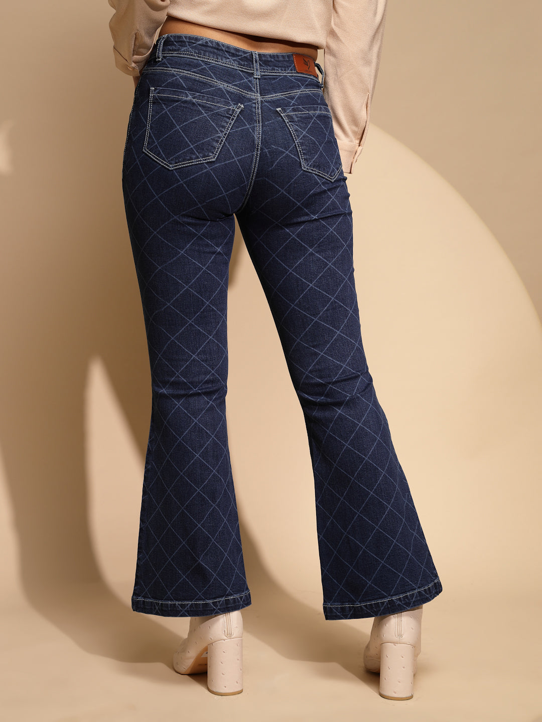 Women Dark Blue Checkerd Cotton Blend Mid Rise Bell Bottom Jeans