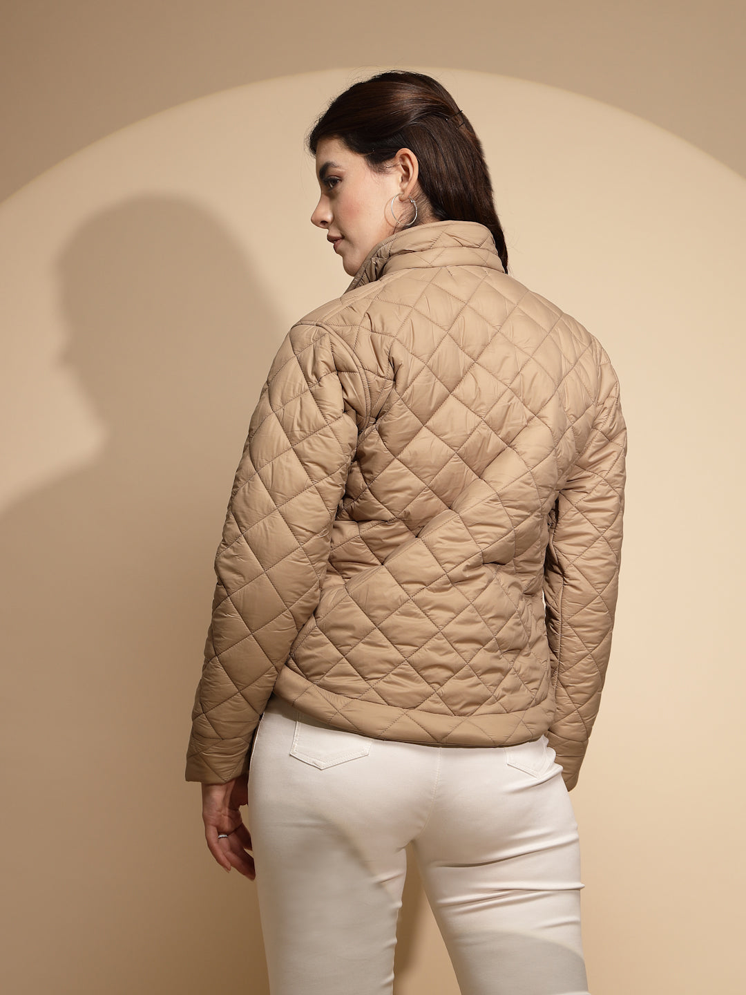 Women Beige Solid Full Sleeve Collar Neck Shacket - Global Republic