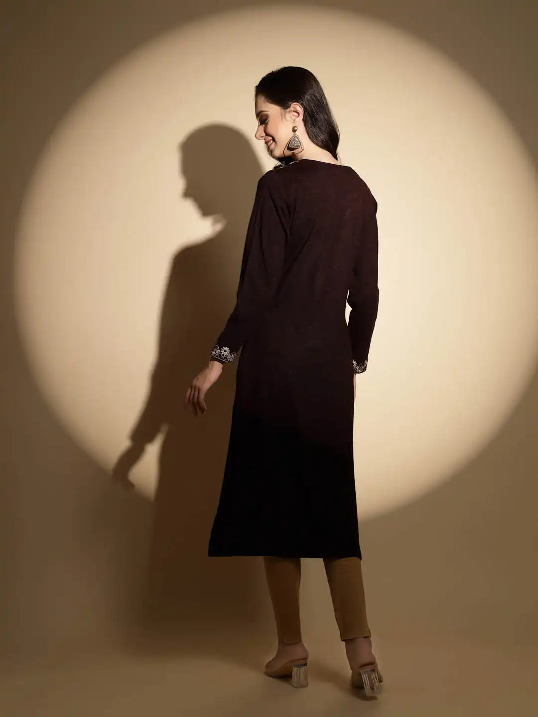 Wine Embroidered Raglan Cut Crew Neck Woolen Straight Fit Kurta - Global Republic