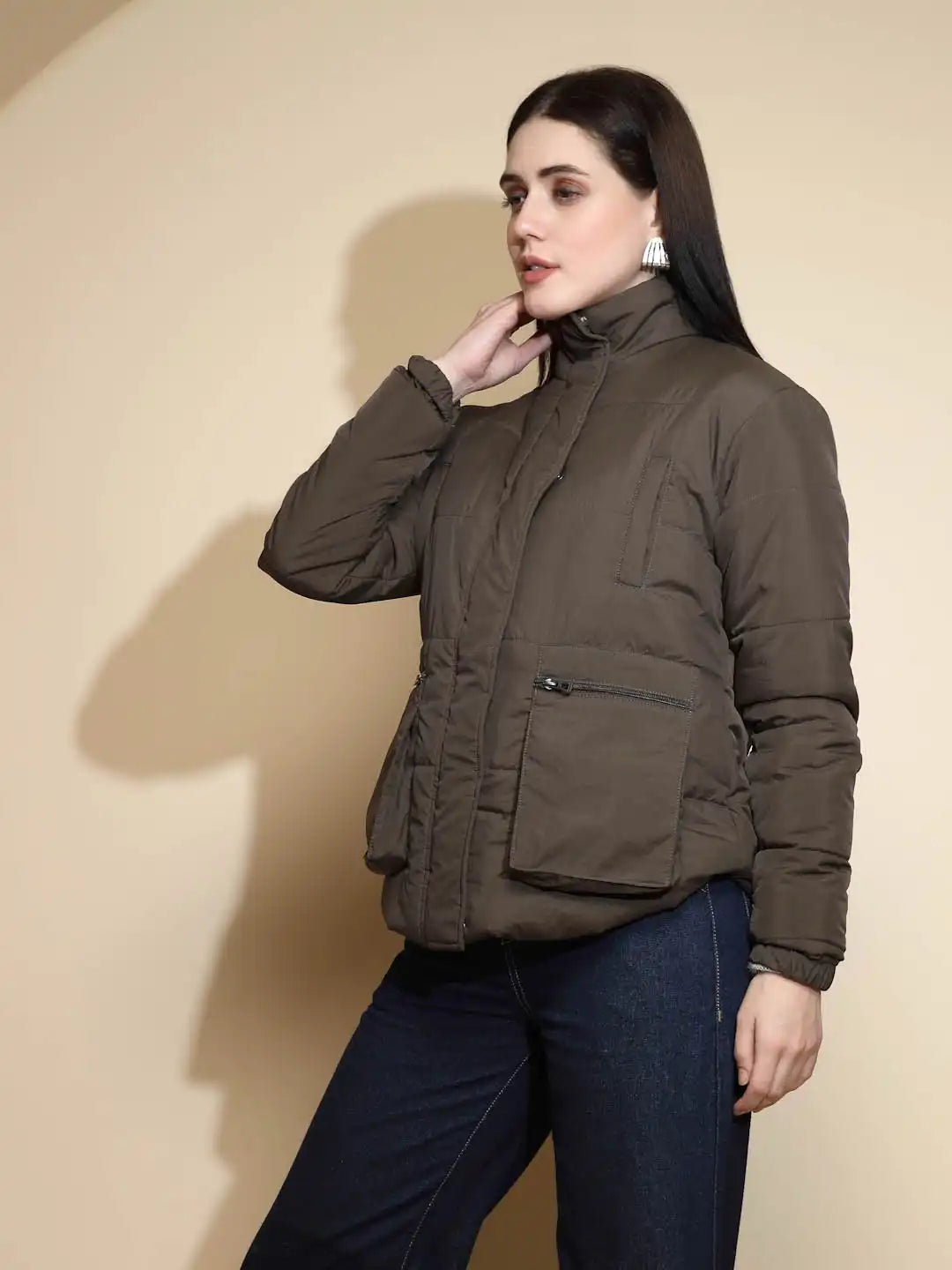 Olive Solid Puffer Jacket - Global Republic