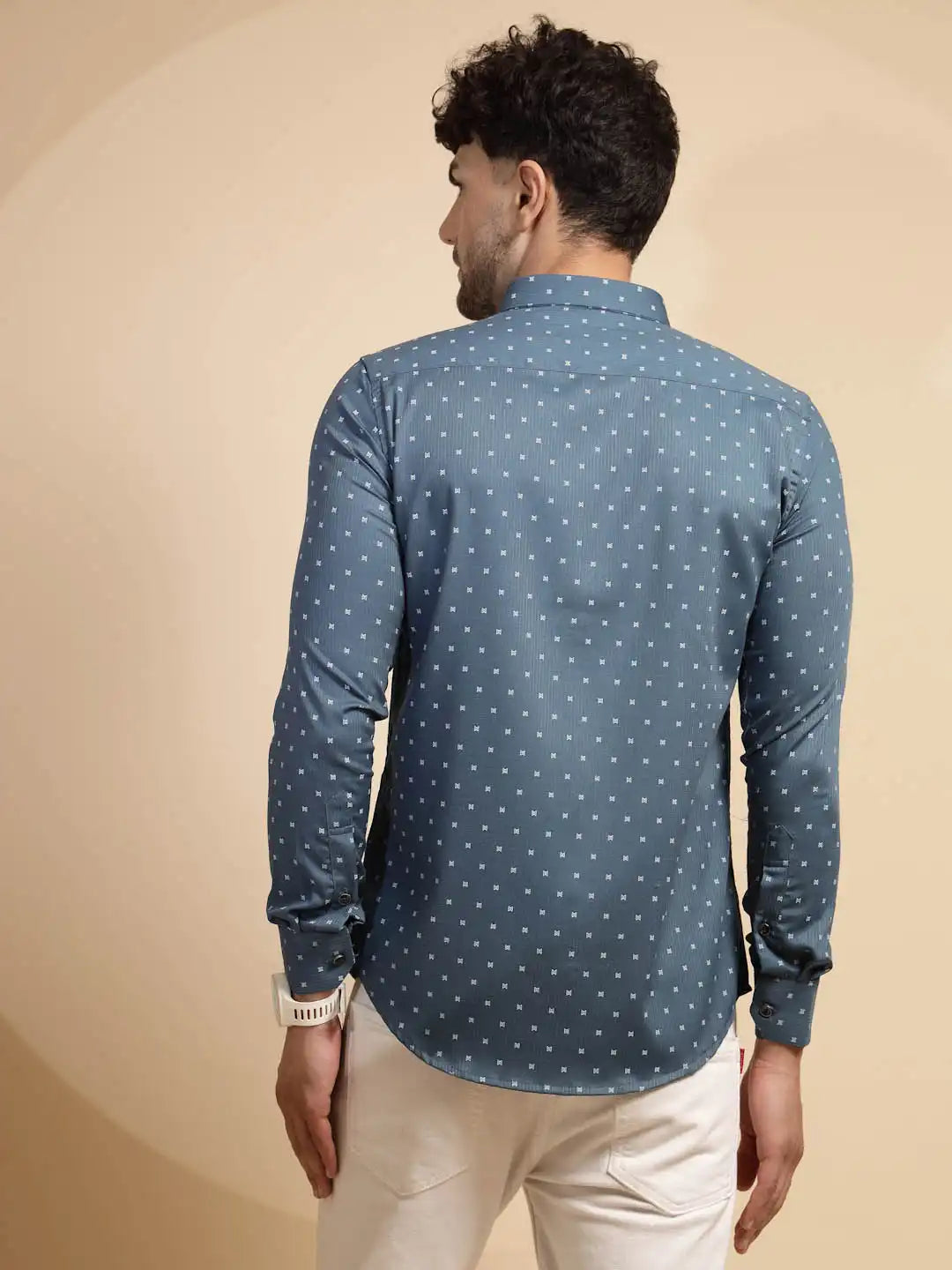 Blue Printed Full Sleeve Collared Neck Shirt - Global Republic