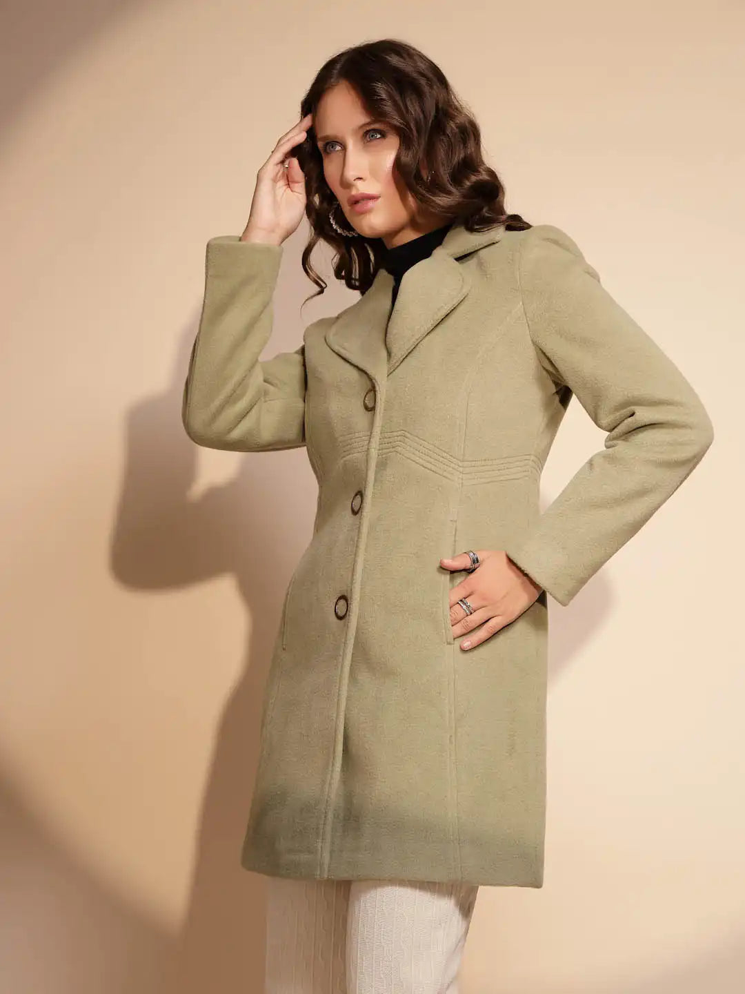 Women's Solid Collared Neck Green Blazer - Global Republic