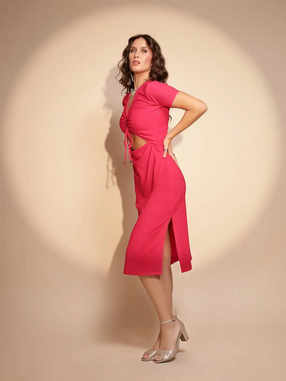 Women's Solid V-Neck Pink Dress - Global Republic