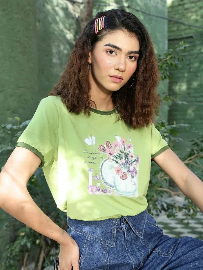 Green Embroidered Modal Blend Top - Global Republic